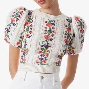 Alice + Olivia Wool Puff Sleeve. Embroidered knit Top